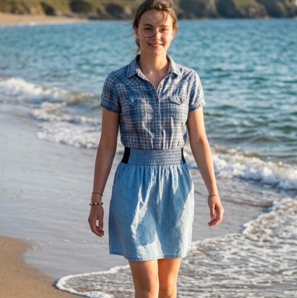 Casual Blue Plaid Button-Up Dress With Pockets
